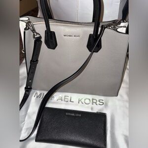 Michael Kors Gray and Black Saffiano Leather Satchel Purse + Wallet